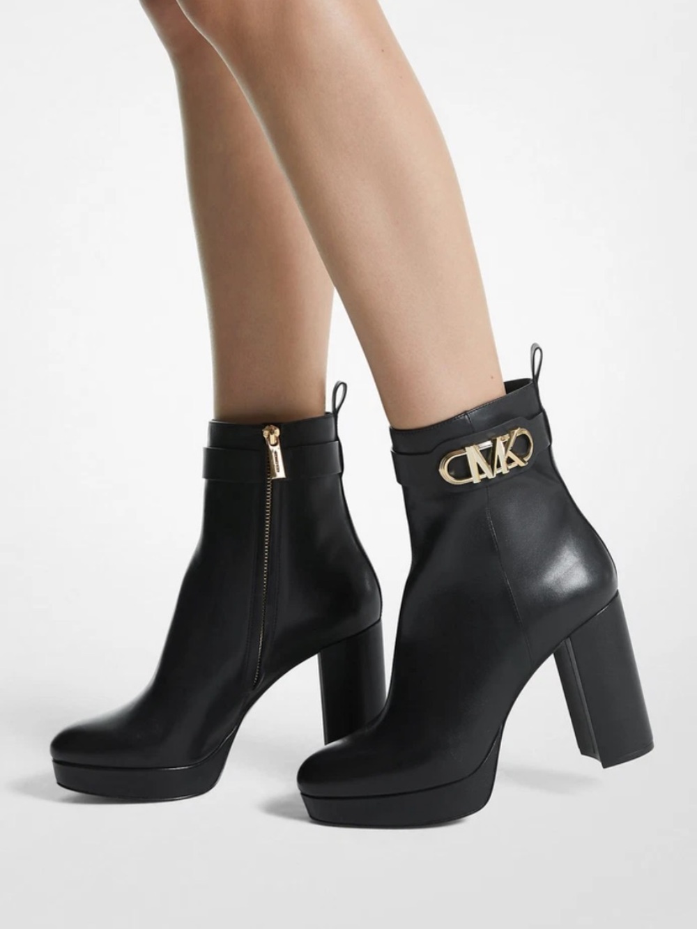 Michael Kors Black Leather Platform Ankle Boots with Gold MK Accent - Picture 2 of 8